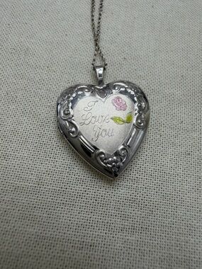 Vintage 925 Silver Heart Locket Necklace with Pink Rose Accent